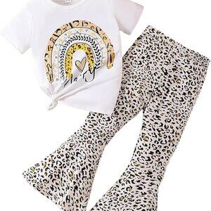 Kids Toddler Girl Clothes Letter Print Graphic Top + Leopard Print Flare Leg Pan